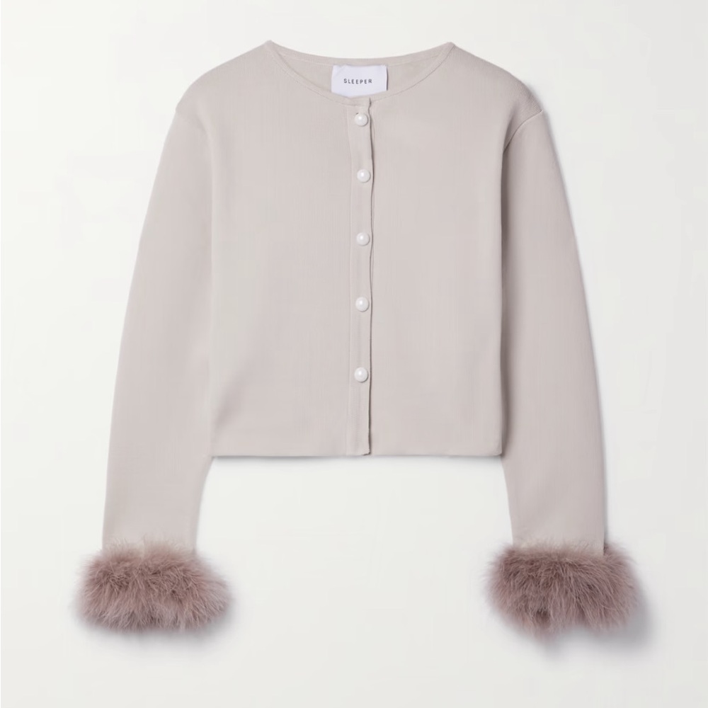 NWOT Sleeper XS/S Convertible Cropped Feather-trimmed Knitted Cardigan